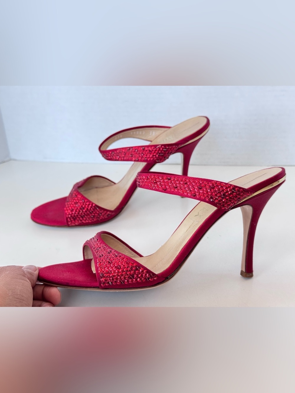 badgley mischka rhinestone bling red double strap heel party prom sandals 39